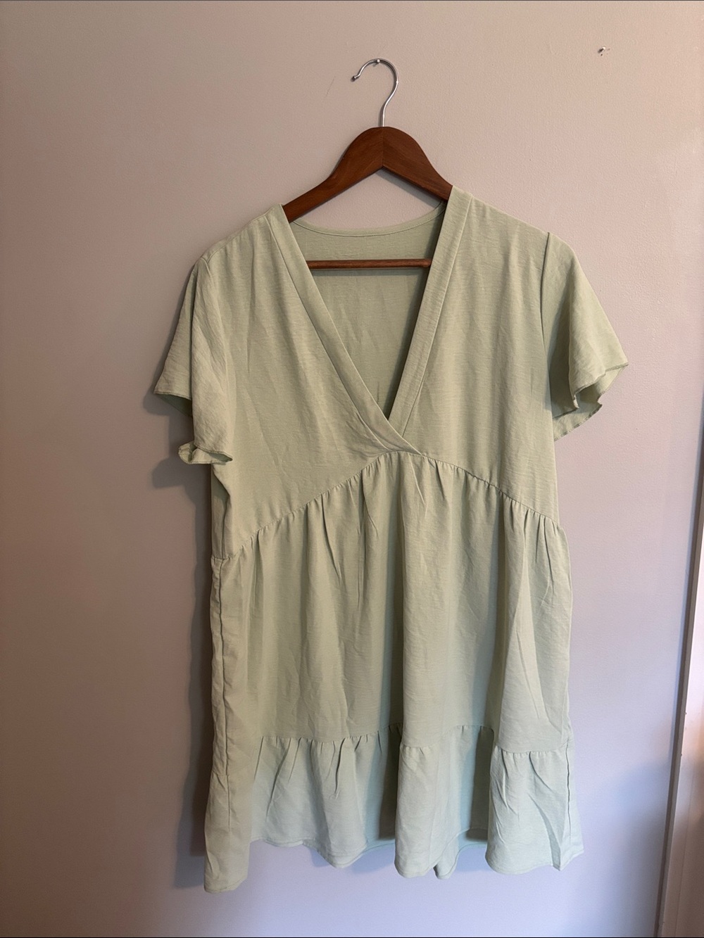 SHEIN Light Sage Green V-Neck Short Sleeve Babydoll Dress